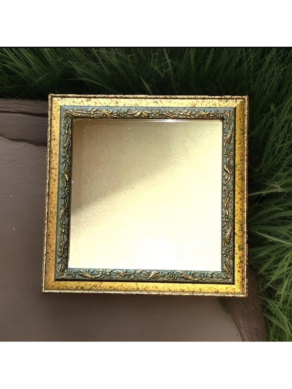 Vtg Ornate Square Wall Mirror Gold Verdigris Floral Scrollwork Frame 9.5in - Picture 15 of 16